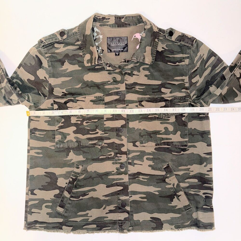 Sanctuary Fray Hem Utility Jacket Green Camo Cotton Canvas Snap Front Military M - Picture 8 of 13